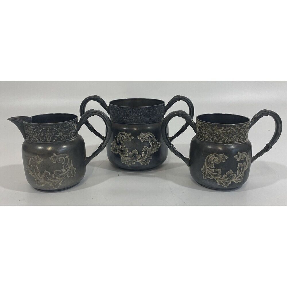 Antique Connecticut Silver Co Triple Silver Plate Etched 1920 Sugar Creamer Set